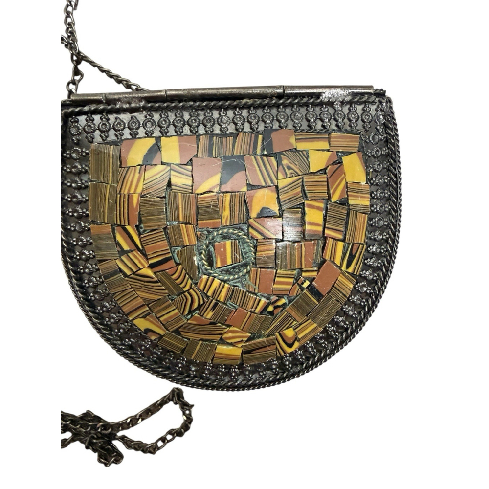 Swarnkraft Metal Brass And Mosaic Insert Bag With Long Chain And Lined Inside - Picture 3 of 7